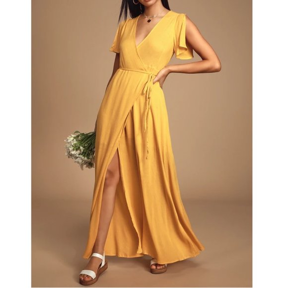 Lulus Dresses & Skirts - Lulus Much Obliged Golden Yellow Wrap Maxi Dress Flutter Sleeve Gauzy Size Small